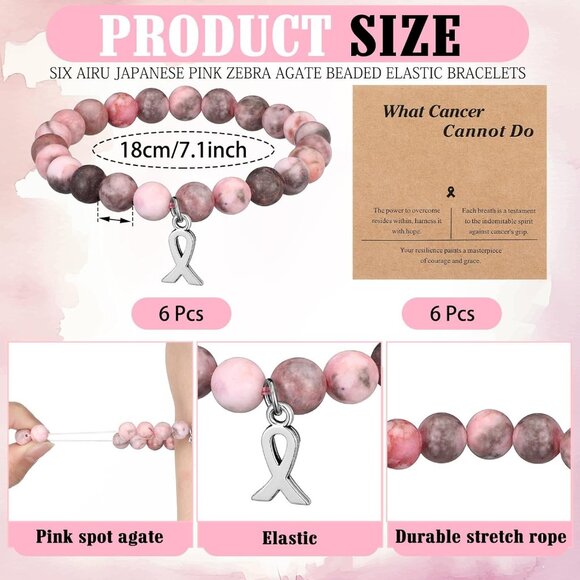 6 Pcs Pink Beaded Breast Cancer Awareness Bracelets Natural Stone Gifts - Picture 2 of 6